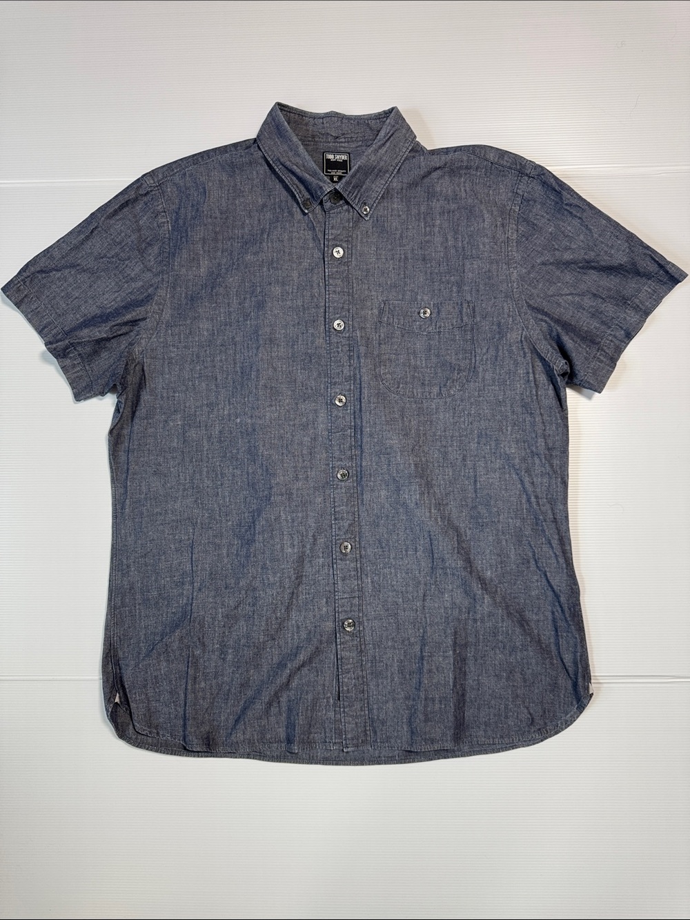 TODD SNYDER Dark Blue Chambray Men's Short Sleeve Button-Down Cotton Shirt XL